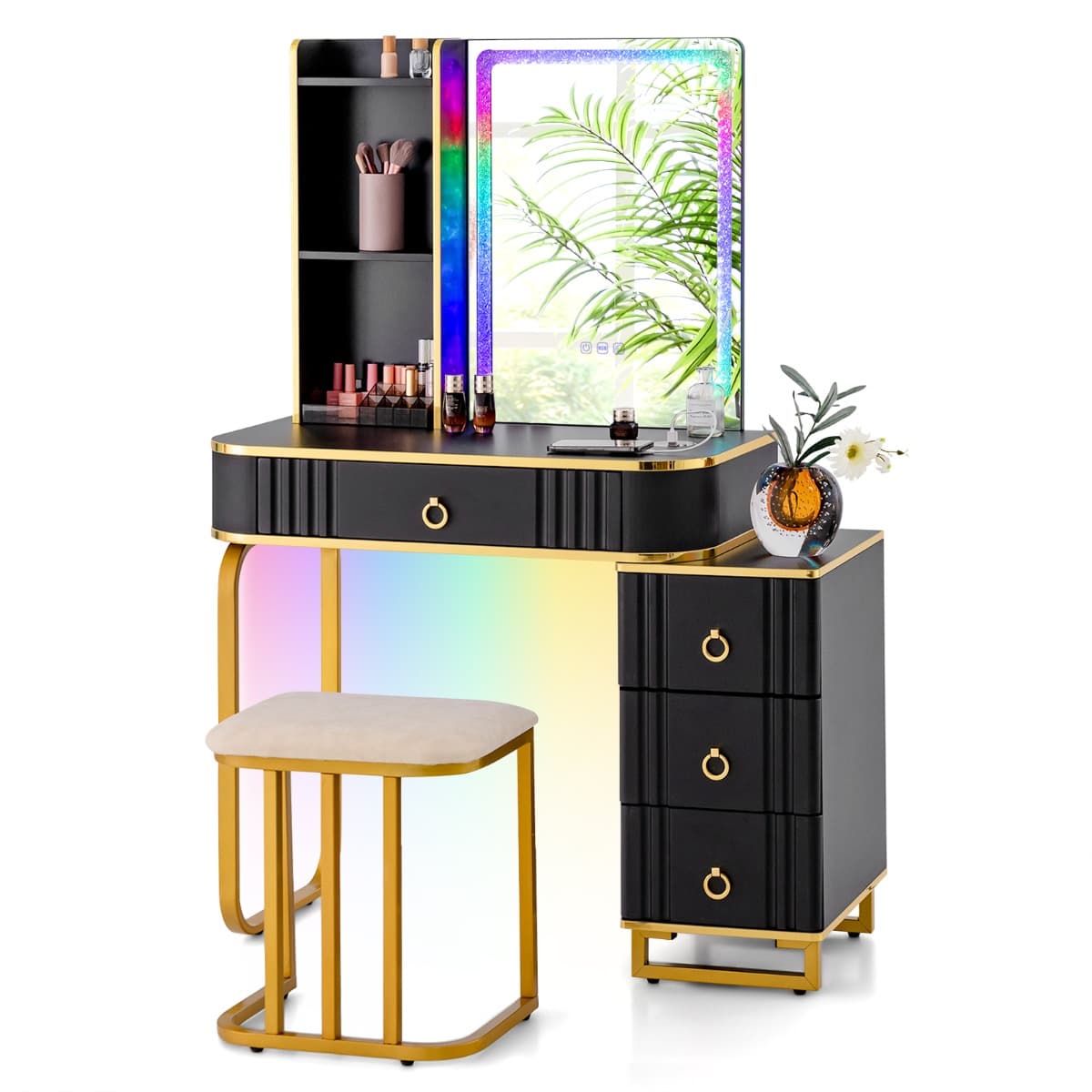 CostwayEnsemble de Coiffeuse avec Miroir Lumières et 4 Tiroirs 7 Lumières LED RVB Dynamiques et 7 Statiques à Intensité Variable pour Chambre Noir