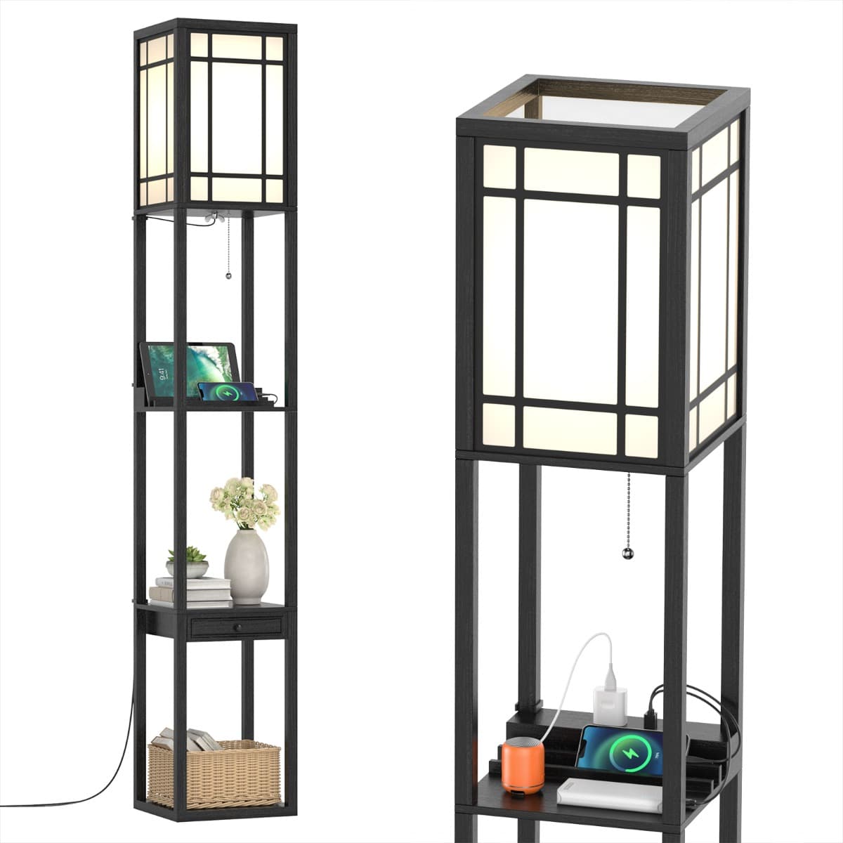 CostwayLampadaire avec 3 Étagères et Tiroir 2 ports USB pour Salon et Chambre