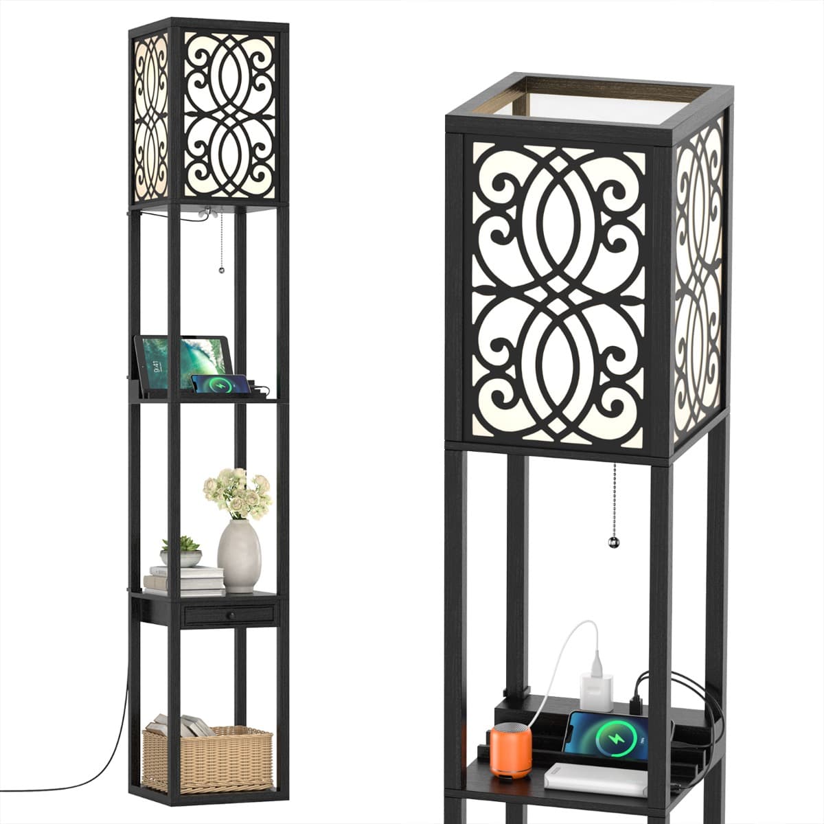 CostwayLampadaire avec 3 Étagères et Tiroir 1 Prise de Courant et 2 ports USB pour Salon et Chambre Noir