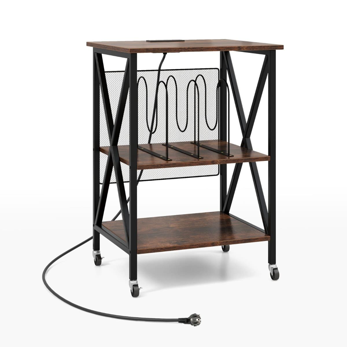 CostwaySupport pour Tourne-disque Support pour Platine avec Station de Charge Intégrée Table d'Appoint en Métal avec Séparateur Marron Rustique