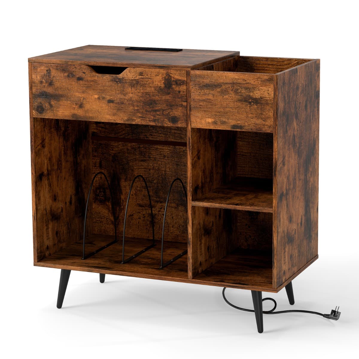 CostwayTable d'Appoint en Bois avec Rallonge Électrique Intégrée Tiroir 3 Diviseurs Kit Anti-basculement Marron Rustique