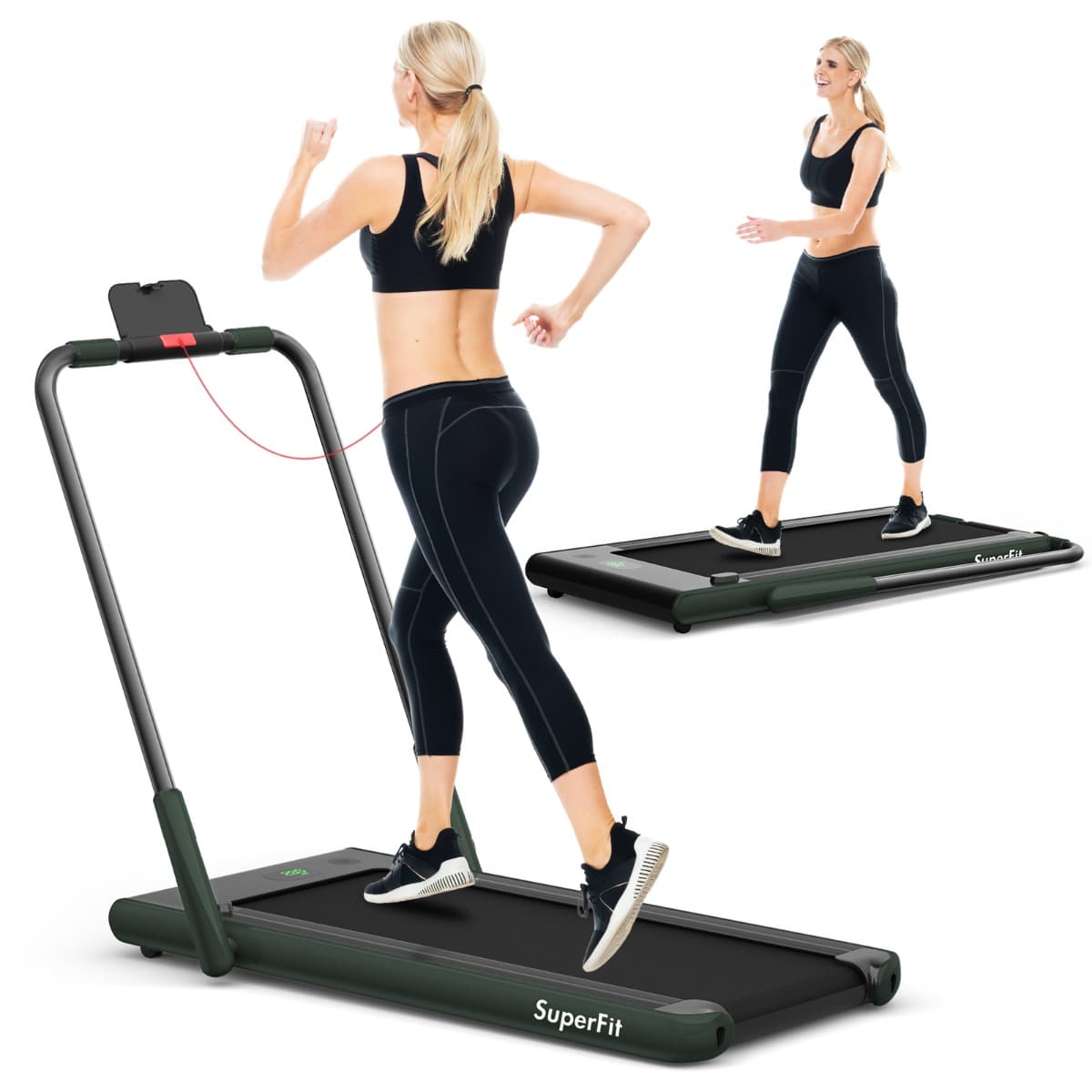 CostwayTapis de Course Pliable 2 en 1 Tapis Roulant Électrique Motorisé 1-12 KM/H avec Télécommande Écran LED Vert Foncé