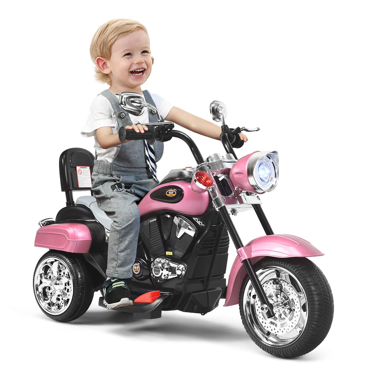 CostwayMoto Électrique Scooter 3 Roues pour Enfants 6V 3 Km/h Effet Sonore et Lumineux 3 Ans + Style de Chopper Rose Pâle