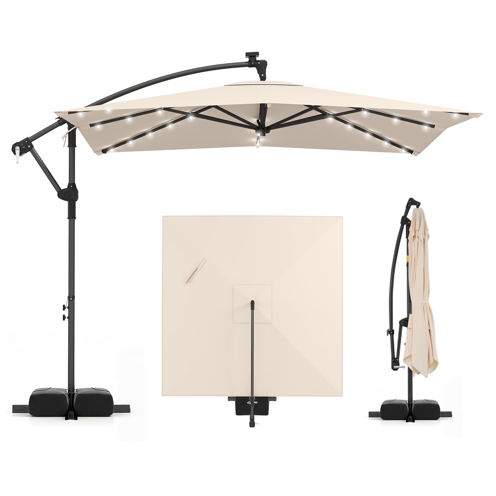 CostwayParasol Déporté LED Solaire 250 x 250 cm Parasol Carré avec Rotation à 360° Manivelle 8 Baleines Base Croisée Sacs de Sable Beige