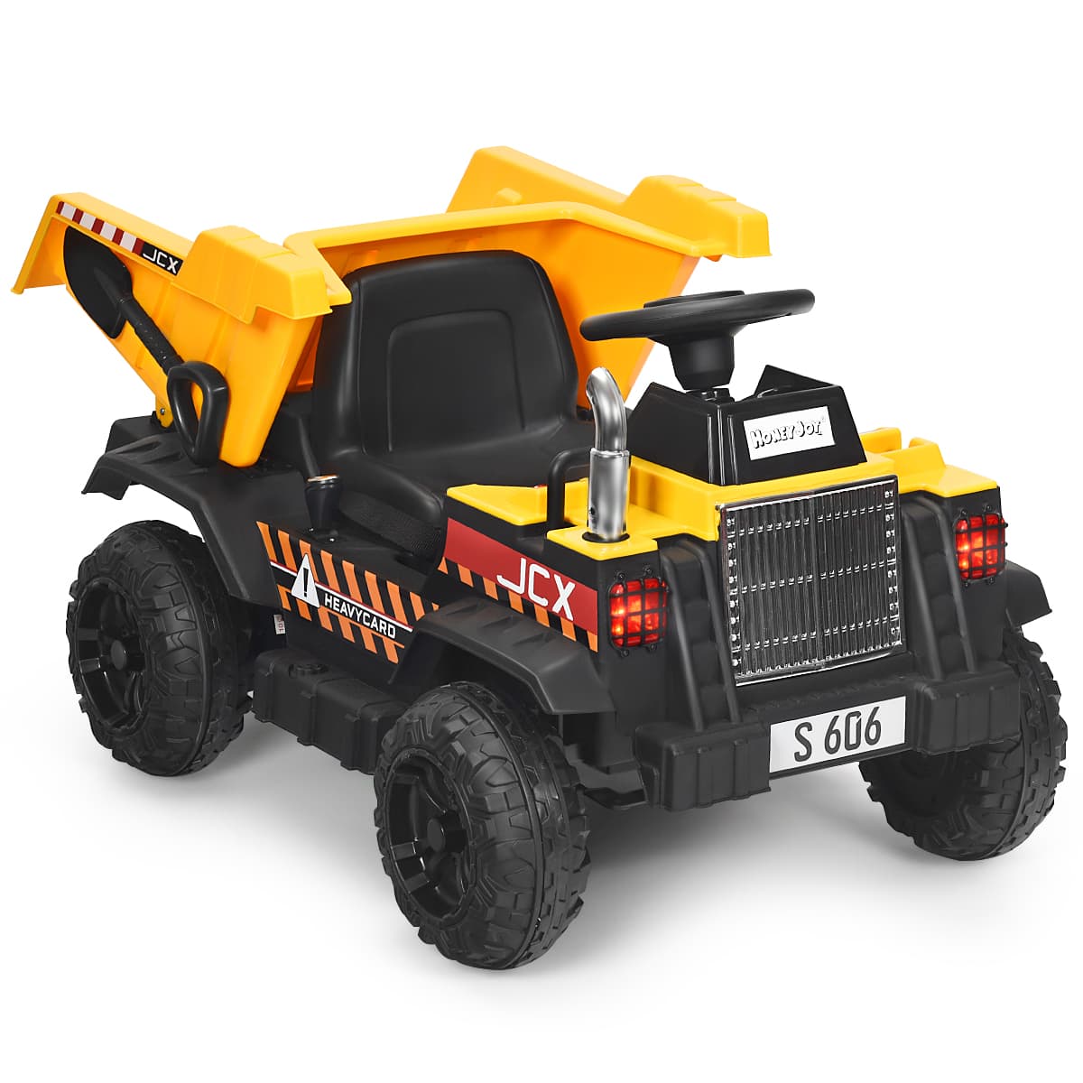 CostwayVoiture Electrique Camion Benne à Batterie 12V pour Enfants Vitesse Max : 5 km/h Télécommande Fonction Lumineuses Sonores Jaune