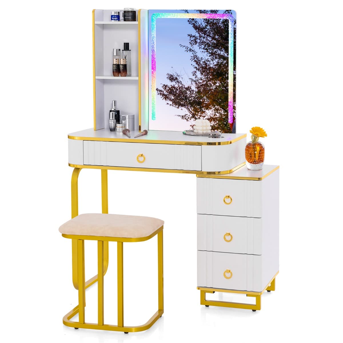 CostwayEnsemble de Coiffeuse avec Miroir Lumières et 4 Tiroirs 7 Lumières LED RVB Dynamiques et 7 Statiques à Intensité Variable pour Chambre Blanc