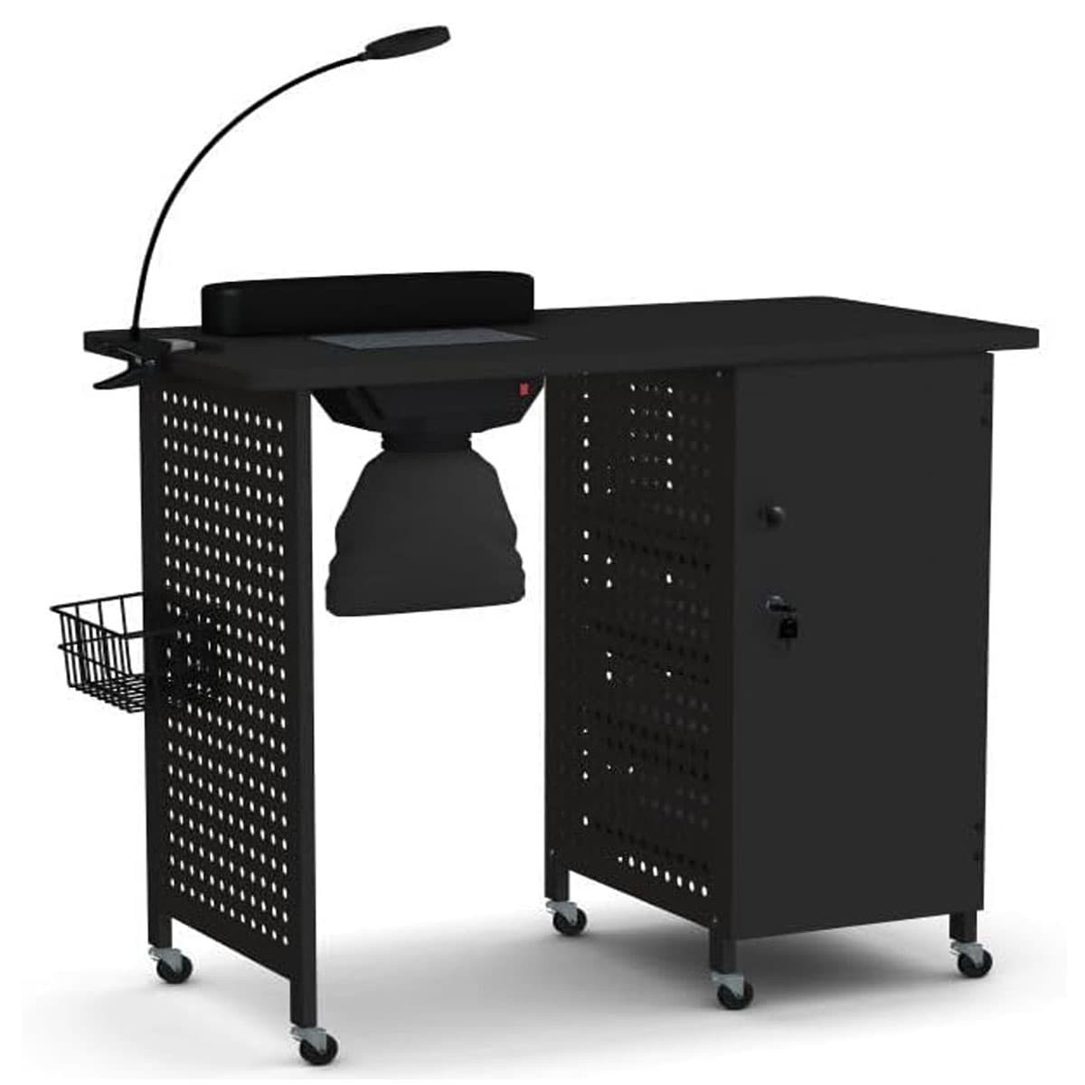 CostwayTable de Manucure avec 6 Roues Verrouillables Bureau avec Sacs à Poussière & Ventilation en Dépression 4 Tiroirs Coussin Lampe LED Noir