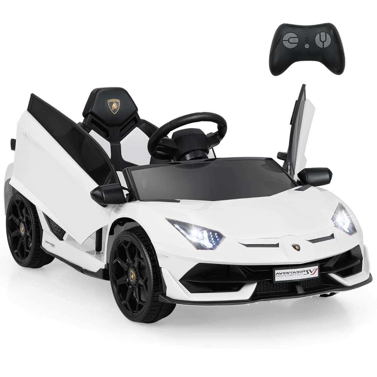 CostwayVoiture Électrique Enfant Lamborghini 12V Véhicule Électrique Avec Télécommande Suspension à Ressort Lumières LED Dès 3 Ans Blanc